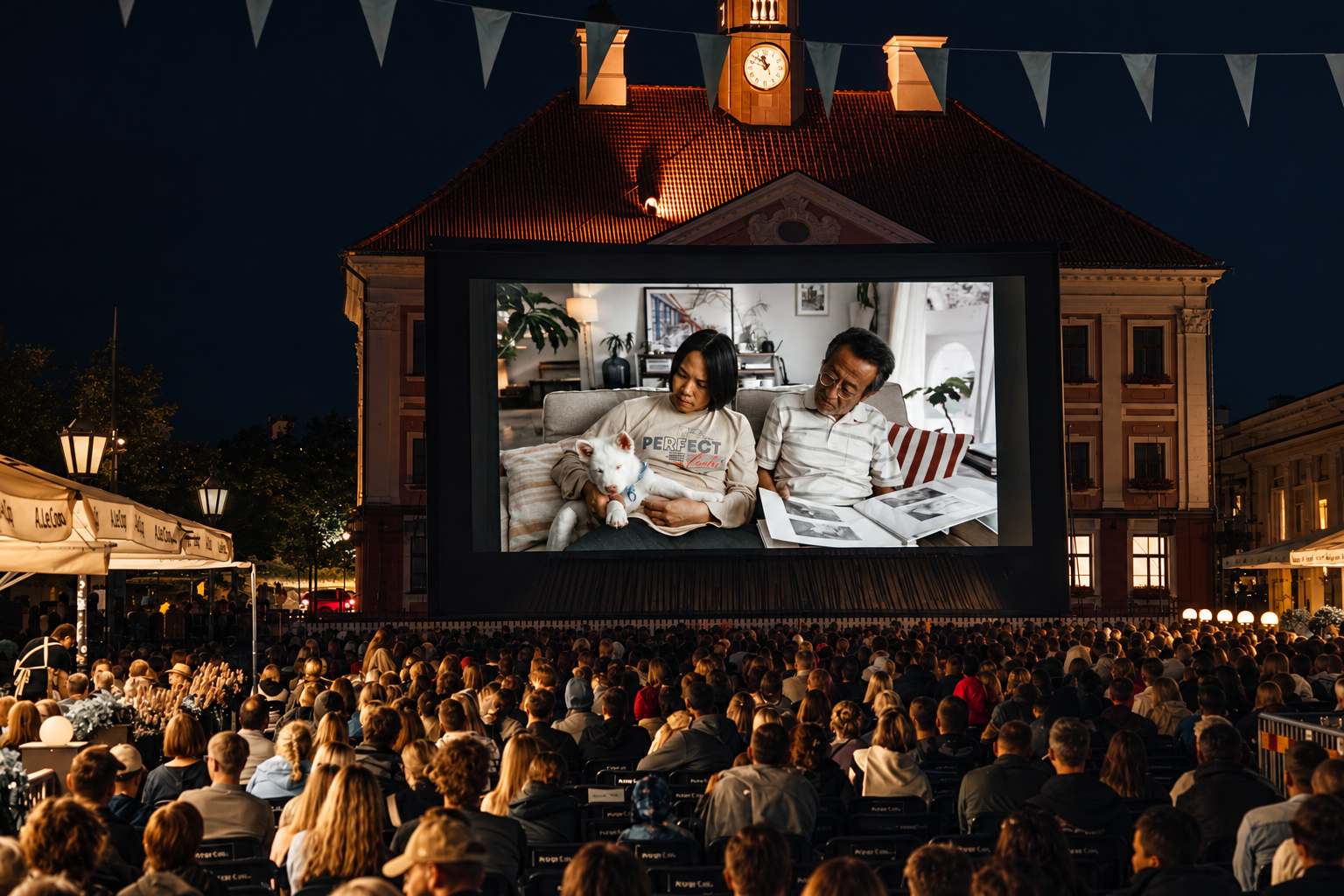 Night audience seated on grass in front of an open-air cinema screen in a medieval square